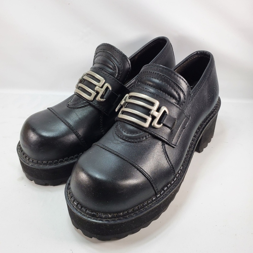 Bed Stu Platform Loafers Women 8.5 Black Leather Chunky Lug Sole Silver Buckle